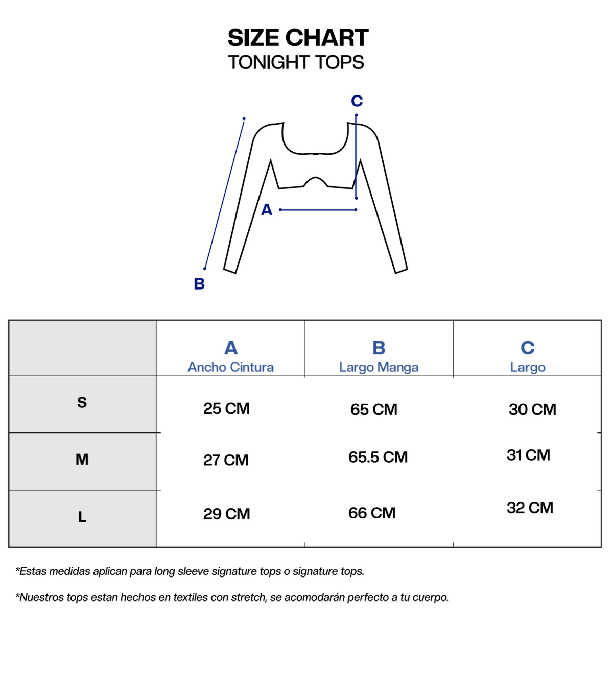 Guía de tallas de TONIGHT TOP